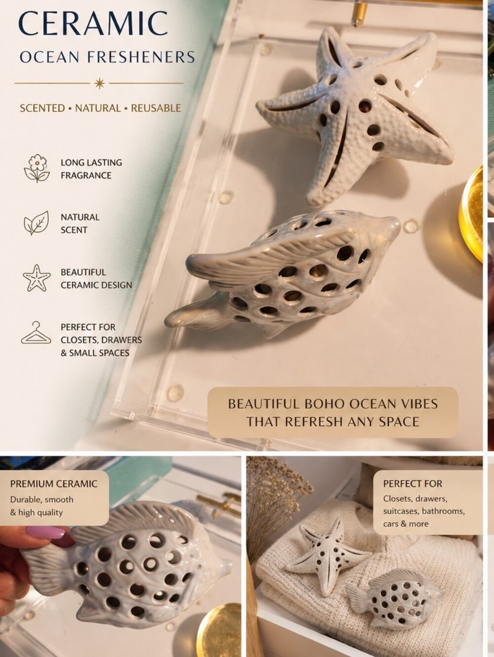 Ceramic Coastal Scented Air Freshener Set – Fish & Starfish | Home Décor